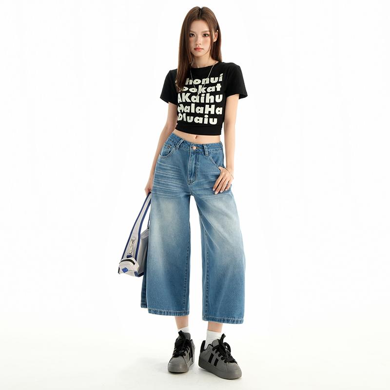High Waist Calf-Length Denim Pants Women'S Retro Washed Harajuku Wide Leg Jeans Casual Loose Y2K Streetwear Mid Long Denim Jeans