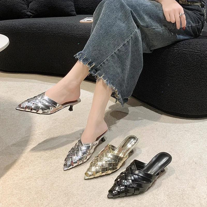 Women Summer 2024 Pointed Toe Stiletto Gladiator Sandals Gold Silver Fashion Luxury Slippers Ladies Brand Designer High Heels