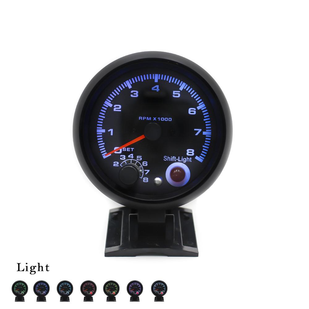 12V Tachometer Gauge 3.75'' Car Universal Black Tachometer Gauge 7color Inter Shift Light 0-8000 RPM Fit 4 6 8 Cylinder
