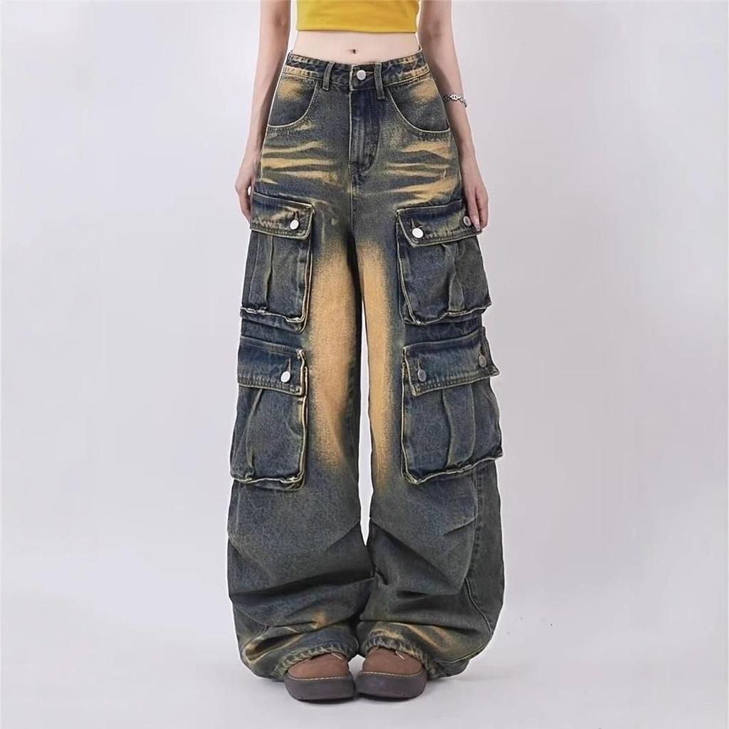 Unisex Vintage Washed Distressed Multi-Pocket Loose-Fit Wide Leg Jeans