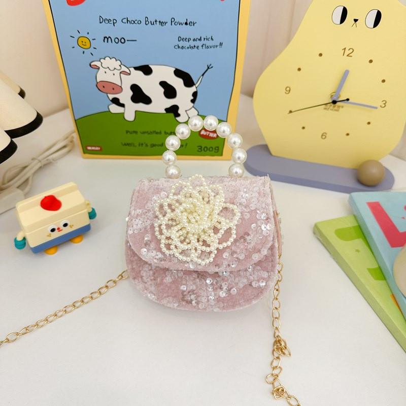 Charming Pink Bow Sequin Girls Shoulder Bag With Pearl Chain For Kids Fashion