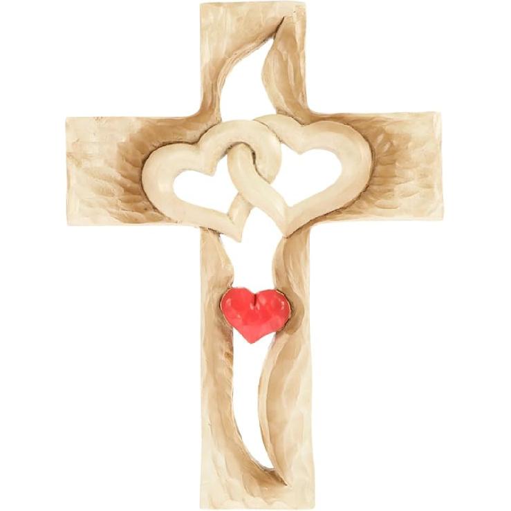 VOSAREA Wood Cross Figurine Easter Standing Cross Statue Wood Entwined Hearts Ornament for Catholic Easter and Christmas Wall Table Church Decoration