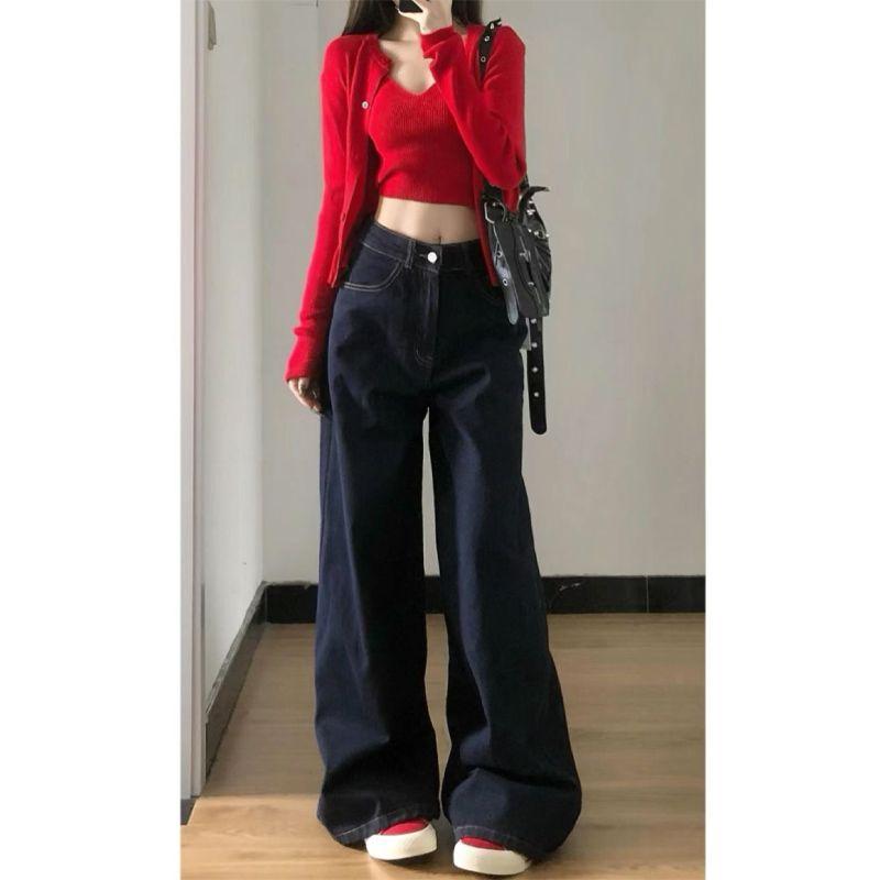 Small Heattech Fleece Padded Jeans Female Vibe American Denim Dark Blue Wide-Leg Pants Autumn and Winter Straight-Leg Pants
