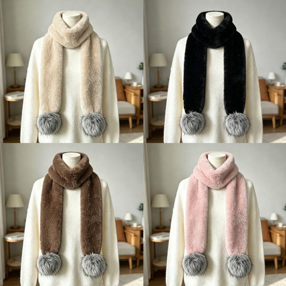 Soft Plush Pom Pom Scarf Faux Fur Neck Warmer New Plush Scarf Women