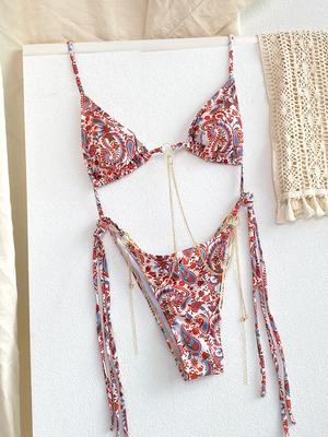 Sexy trojúhelníkové řetízkové bikiny sety Mikro tanga Plavky Dámské plavky Biquini Pásek Plážové oblečení Potisk plavek Thong bikini