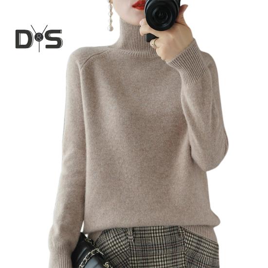 Women Sweater High Collar Long Sleeve Ribbed Trim Knitting Tops Solid Color Loose Fit Thickened Bottoming Tops