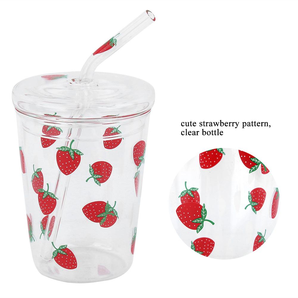 Heat resisting Clear Strawberry Pattern Coffee Juice Drinking Water Glass Cup with Straw Lid