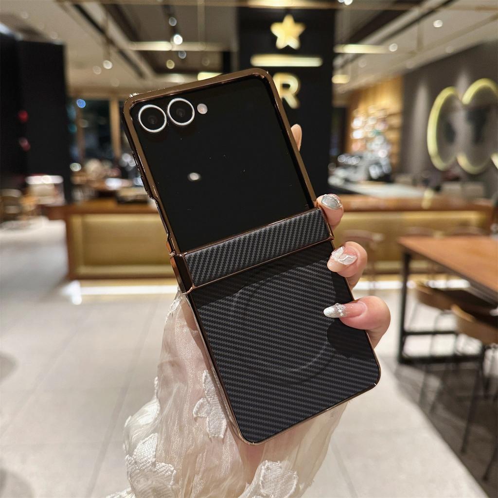 Phone Case for Samsung Z Flip 7 Fe 6 5 4 3 Flip7 Carbon Fiber Magnetic Electroplated with Hinge Protective Cover Slim Stylish