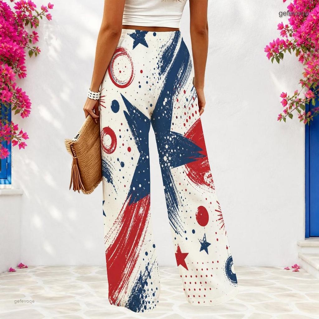 Women Plus Size Red Blue White Star Printed Loose Wide Leg Full Length Casual Pants