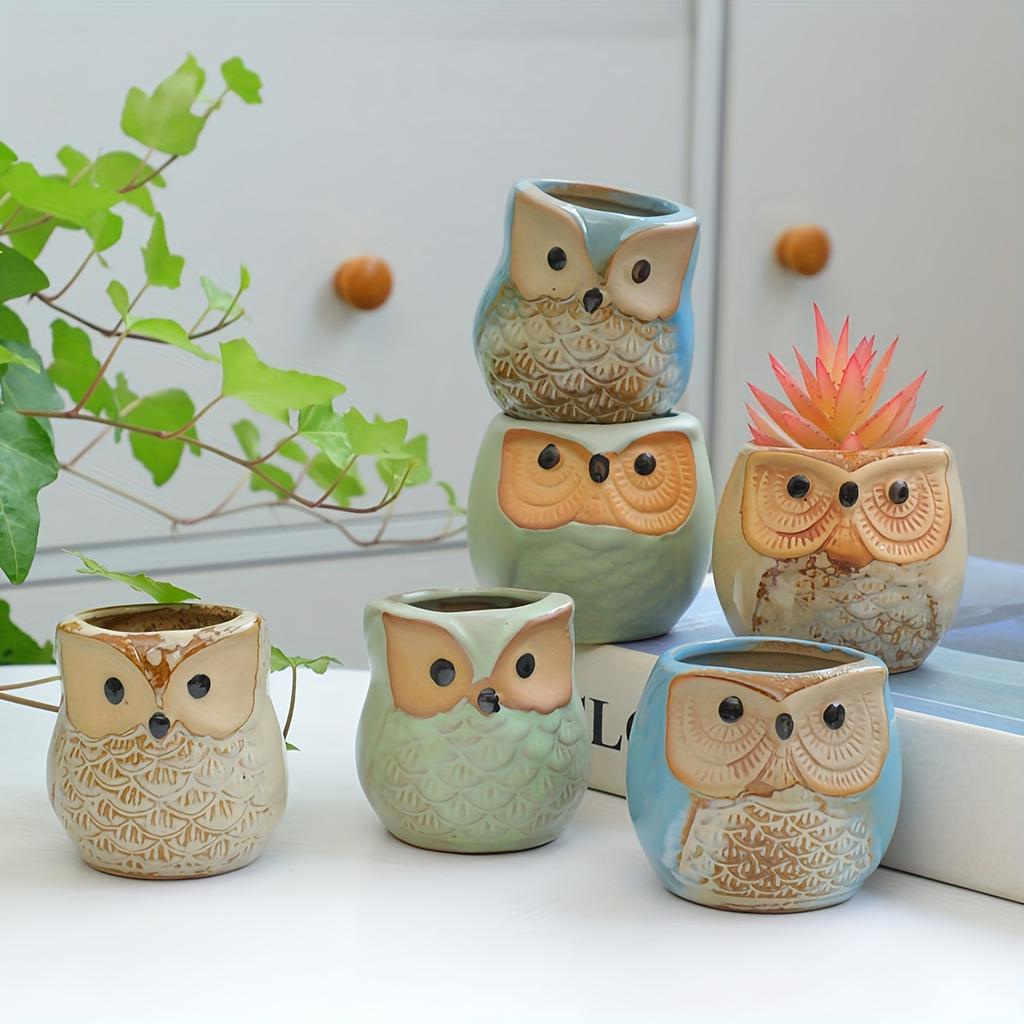 Creative Cartoon Kiln Transformation 6pcs Set Owl Ceramic Succulent Plant Pots with Drainage Holes, Adorable Small Planters with Plant Stands