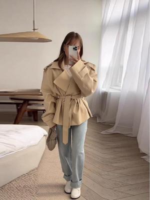 2025 Spring-Autumn Solid Color Belted Short Trench Coat
