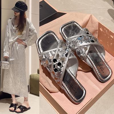 2024 New Fashion Women's Summer Bling Bling Flat Slippers Beach Sandal Open Toe Female Sexy Slides Shoes