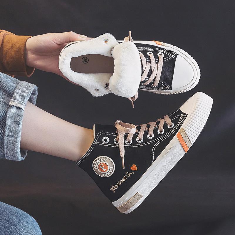 2021 Winter New Plus Velvet Canvas Shoes Women's Casual Walking Shoes Warm Shoes
