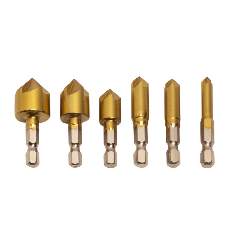 6-Piece Hexagonal Handle Titanium Chamfering Knife & 3-Piece Hole Reamer Woodworking Countersink Set (12mm, 16mm, 19mm)