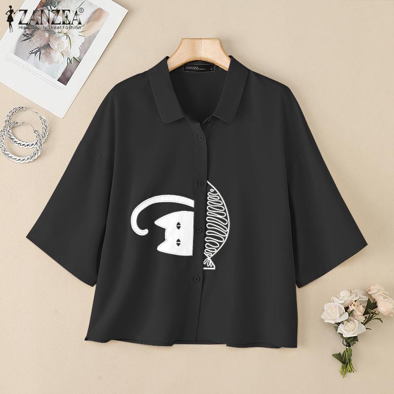 ZANZEA Damen Umlegekragen Locker Lässig Kurzarm Print Bluse