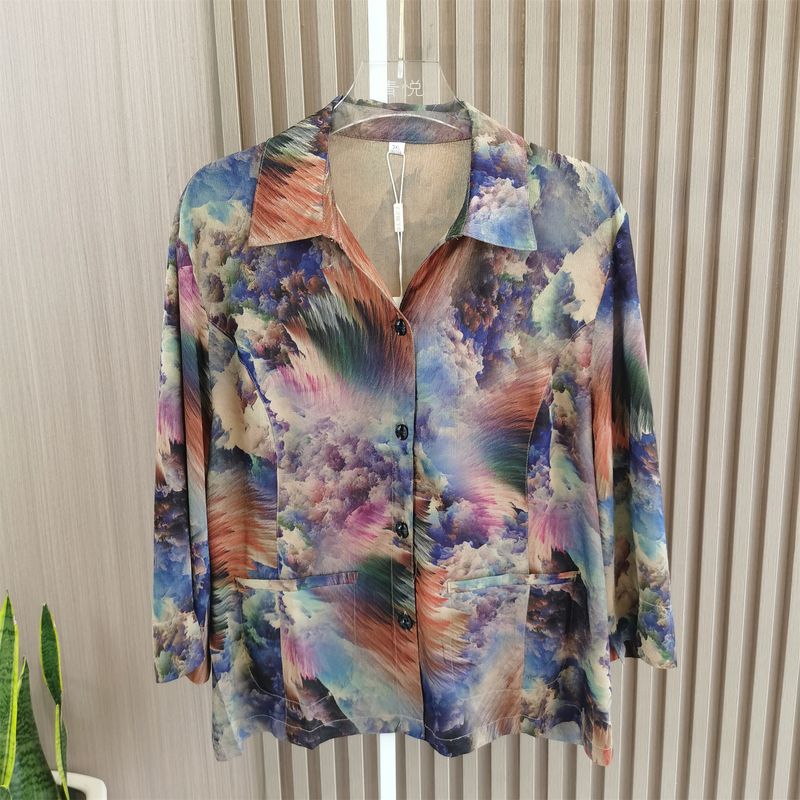 

Middle-Aged and Elderly Women s Shirt Ladieswear Spring and Summer Tops Medium Long Sleeve Silk T-shirt Summer Loose Soft Cardigan Shirt Blue 3XL