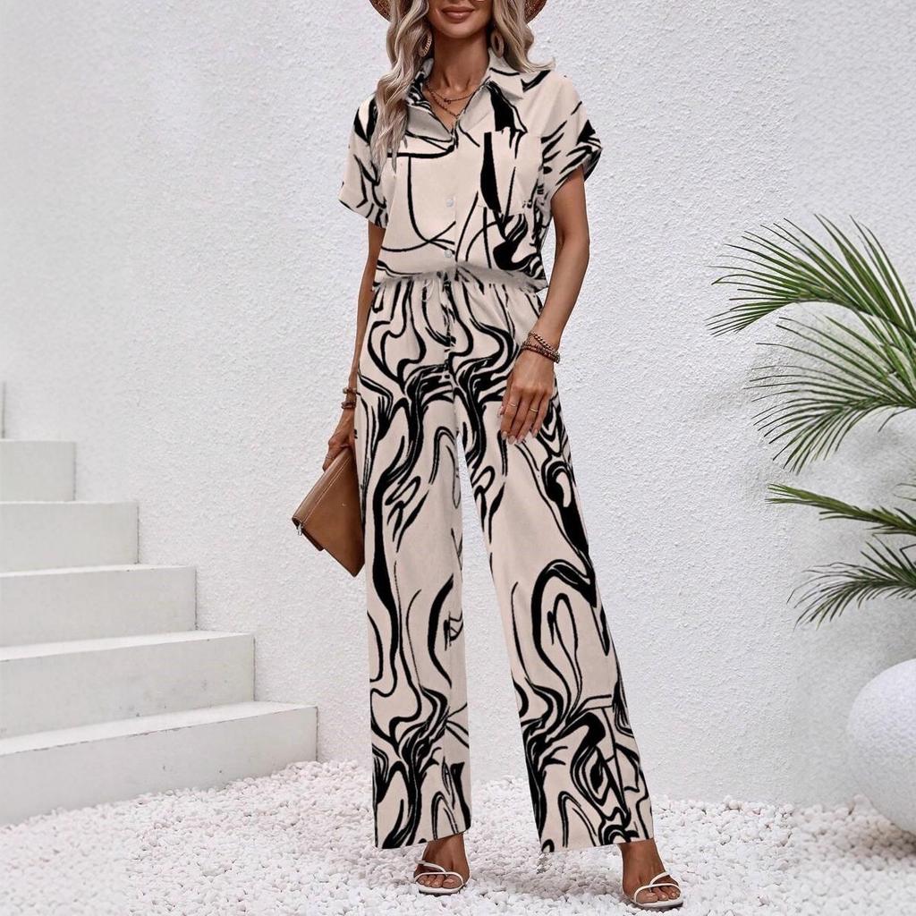 Women's 3D Printed Short Sleeve Collared Shirt Wide Leg Pants Casual Two Piece Outfit Summer Pant Suit