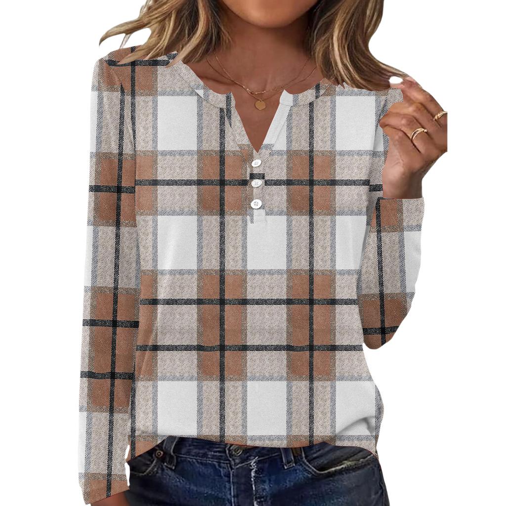 Women's Casual And Fashionable T,shirt With Plaid And Striped Print, Round Neck And Long Sleeves.