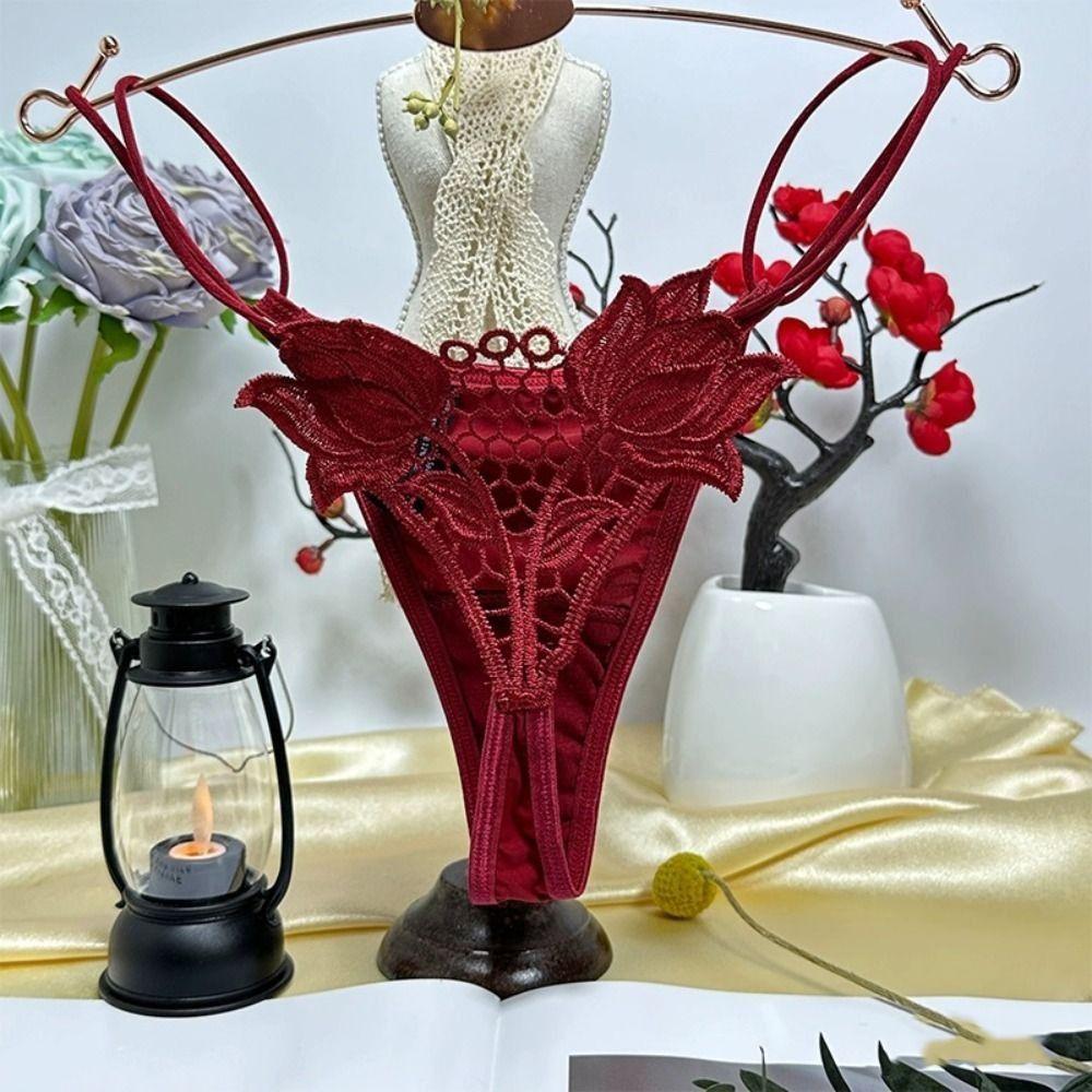 Satin Silk Women s Lace Embroidery Briefs Transparent Ice Silk Lace Flower Thong  Gifts S