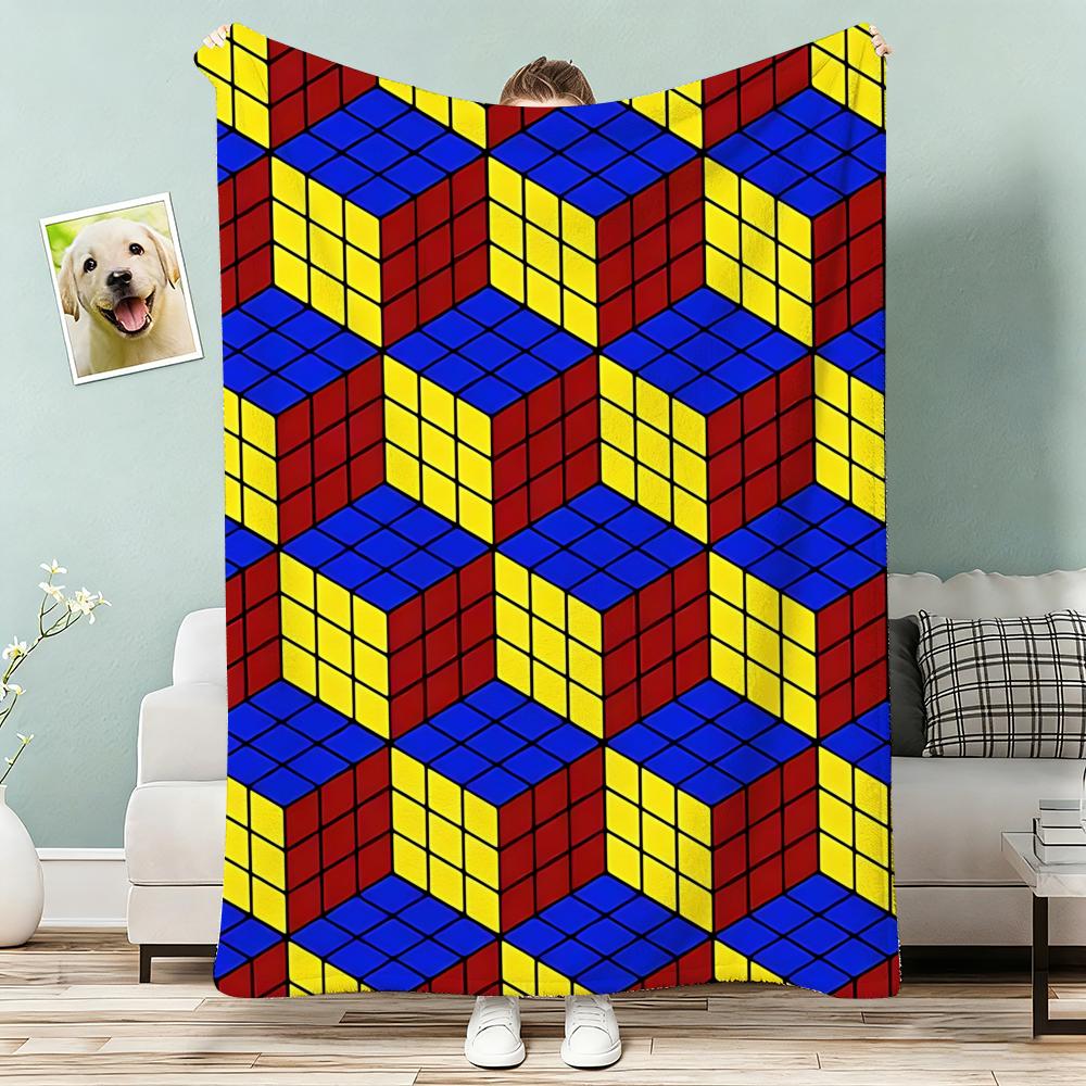 Cute Cartoon Style Rubiks Cube Throw Lightweight G Flannel Blanket Soft Skinfriendly for Summer Cooling