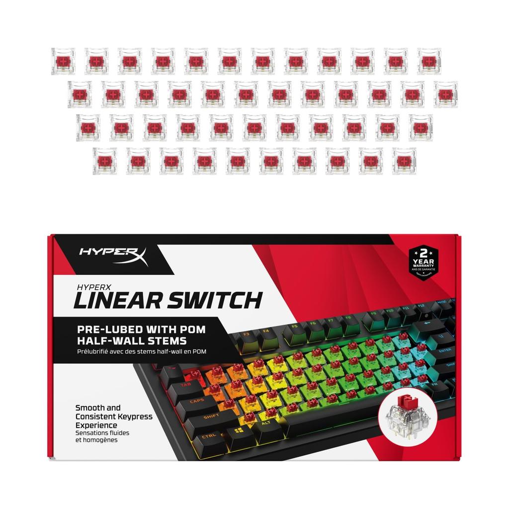 HyperX Mechanical Keyboard Switches, Linear Red, 5-Pin, 1.8mm Actuation Point, 4mm Stroke, 40g Force, Pre-Lubricated, 2-Year Manufacturer's Warranty