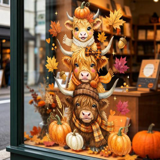 Cute Animal Window Decals Highland Cow Clings, Autumn Pumpkin Maple Leaves Static Seasonal Art Supplies Stickers, Waterproof PVC for Thanksgiving
