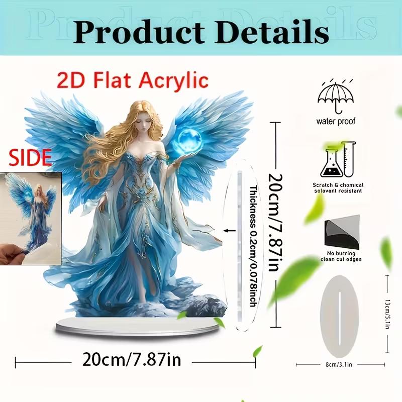 Blue Wing Guardian Angel Statue, Flat Desktop Decoration with Base, Home Office, Garden Display, Gift Idea, 2D