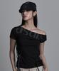 Aejeuyua Punched Asymmetrical Off-Shoulder Tee Black