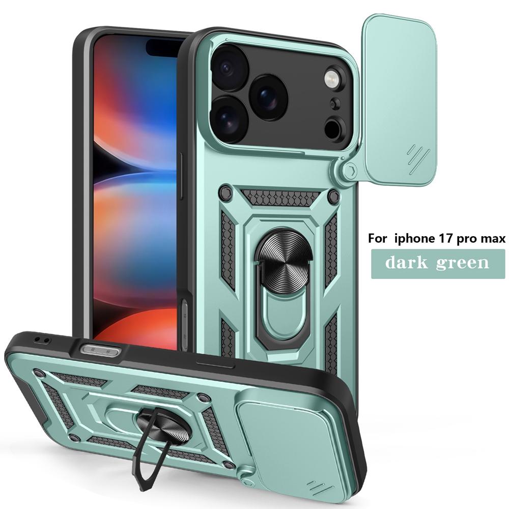 

Противоударный бронированный чехол для iPhone 17 Pro Max 5G, чехол для телефона с защитой объектива-слайдера для iPhone 17 Air, чехол с держателем-магнитным кольцом For iphone 17ProMax зелёный