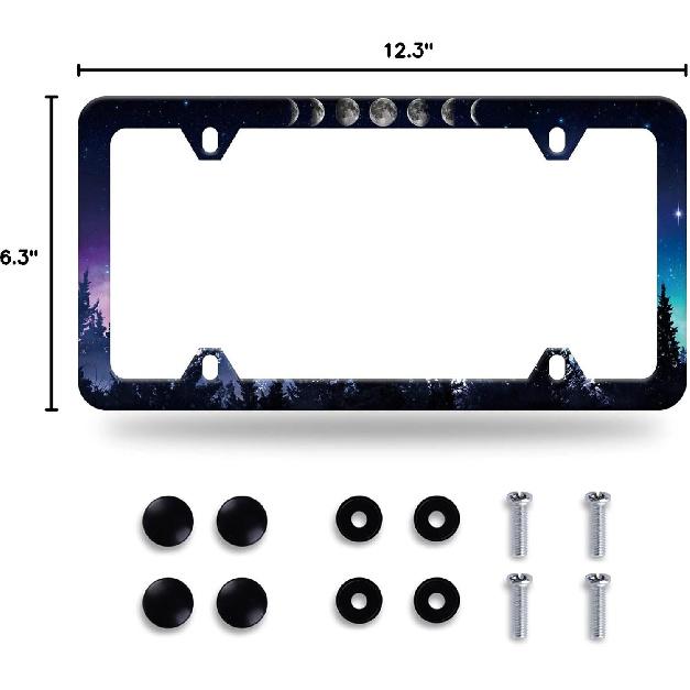Moon License Plate Frame Starry Sky Moon Phases License Plate Stainless Steel Car Accessory Personalize Funny License Plate Holes Screws Decorative