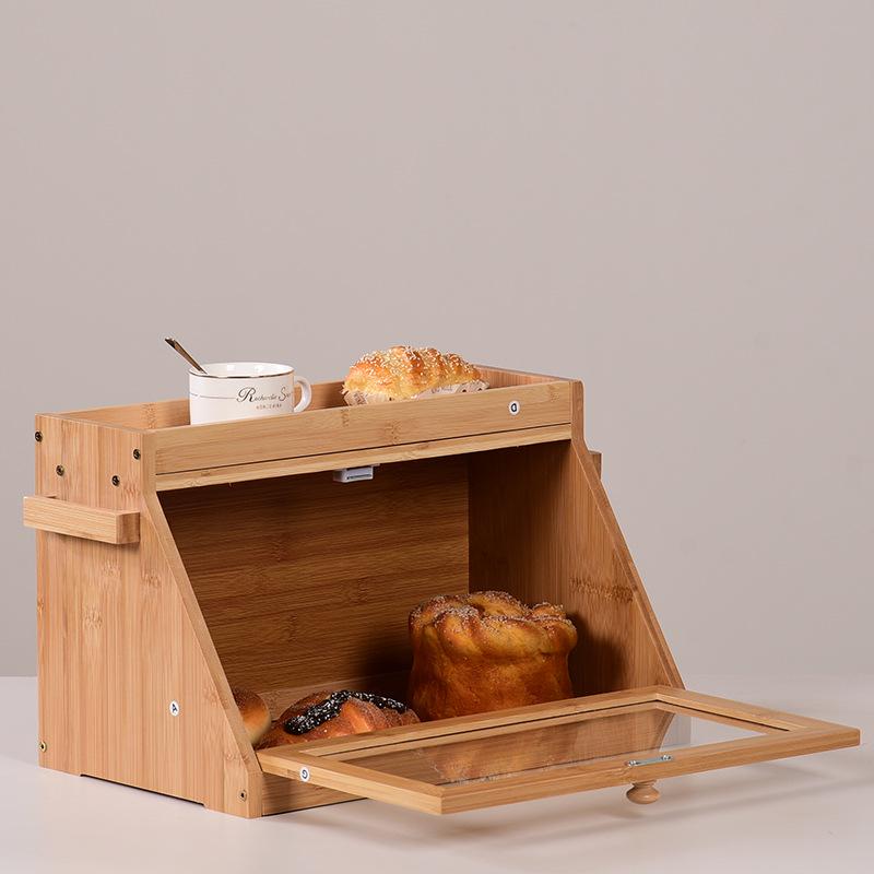 Double-Layer Bamboo Bread and Cake Storage Box with Flip-Top Lid