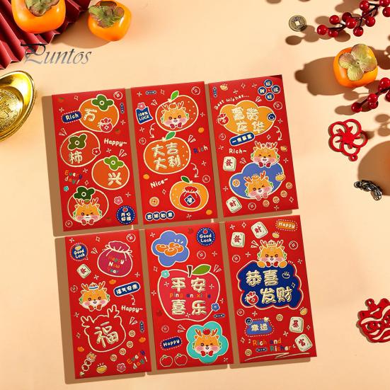 Balíček 6 kusů Year of the Dragon Red Roztomilý kreslený design s motivem požehnání Snadno zalepitelné Červené obálky pro zvláštní příležitosti