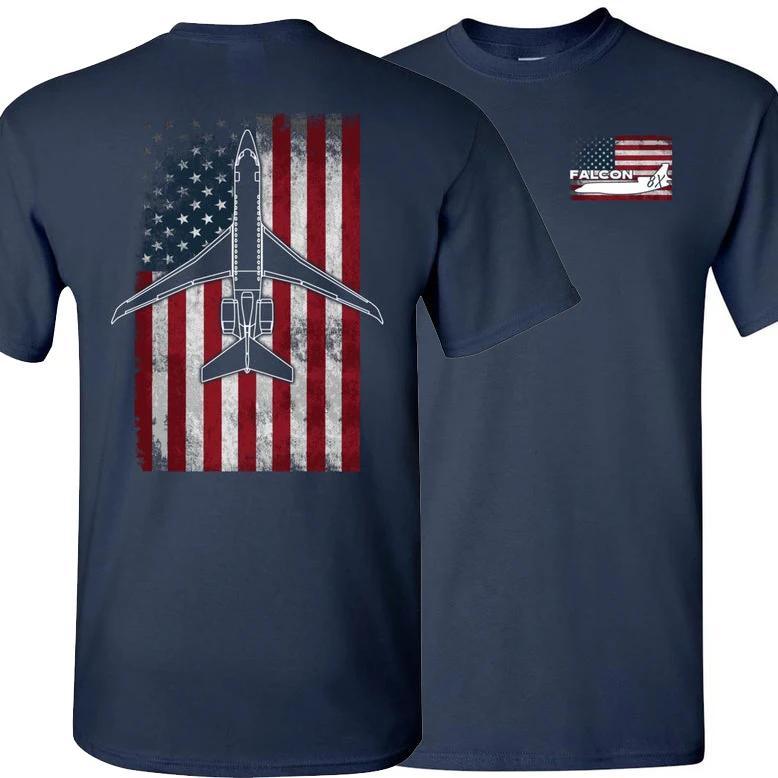 Vintage American Flag Dassault Falcon 8X Corporate Aircraft TShirt Summer Cotton Short Sleeve ONeck Mens T Shirt New S3XL