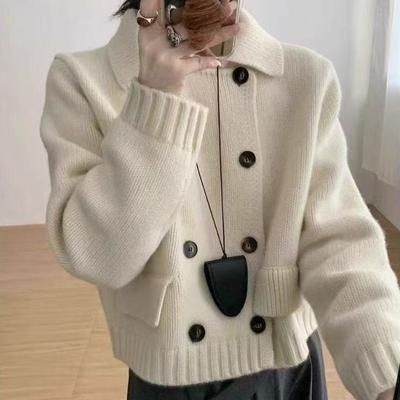 Herbst Winter zweireihiger Strickpullover Kurze Strickjacke Jacke Locker Umlegekragen Mode einfarbig y2k Pullover Jugend Frauen