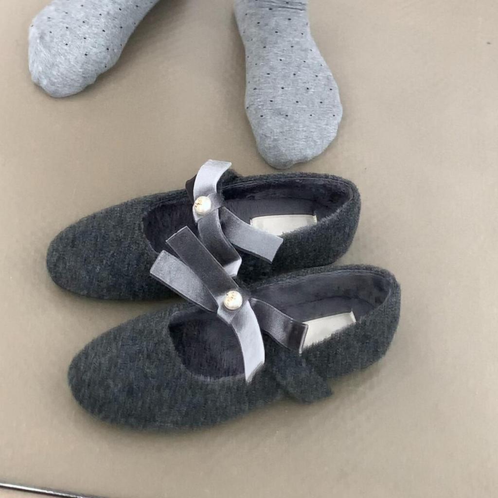 Bow flat bottom black velvet gray one-pedal light mouth single shoes Mary Jane shoes women's fluffy shoes velvet autumn and winter