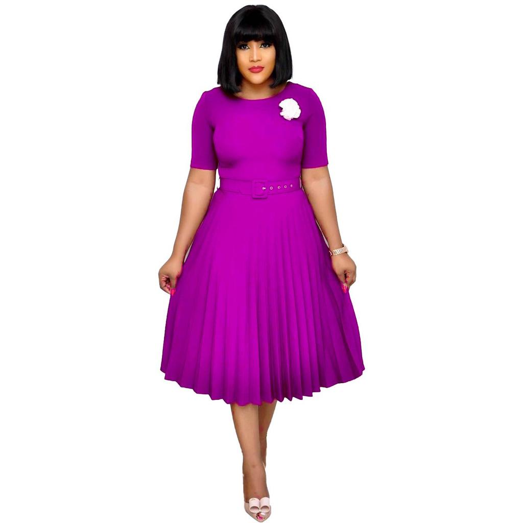 Dámské jednobarevné skládané šaty s kulatým výstřihem a vysokým pasem, velikost pro větší děti