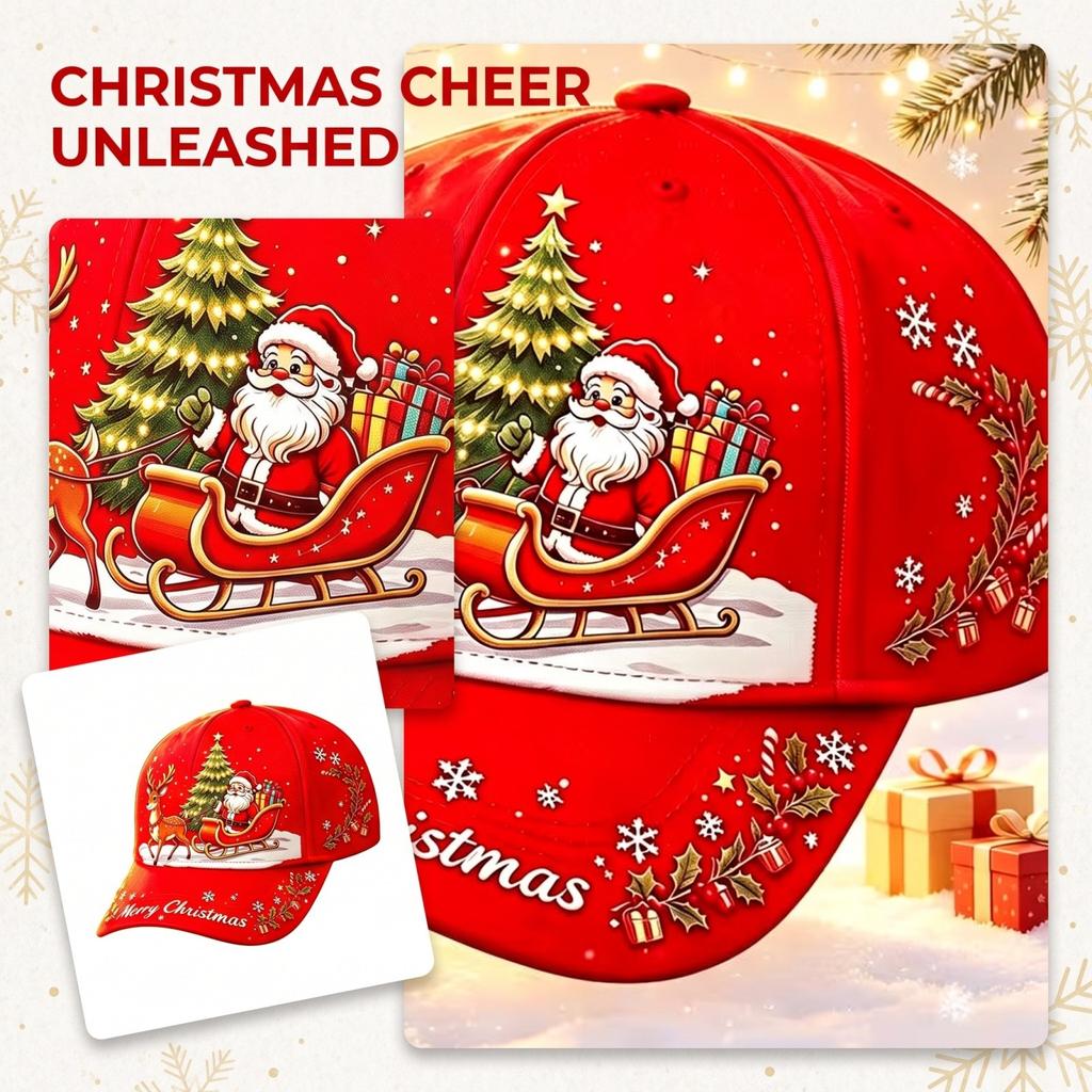 Unisex Red Christmas Digital Print Curved Baseball