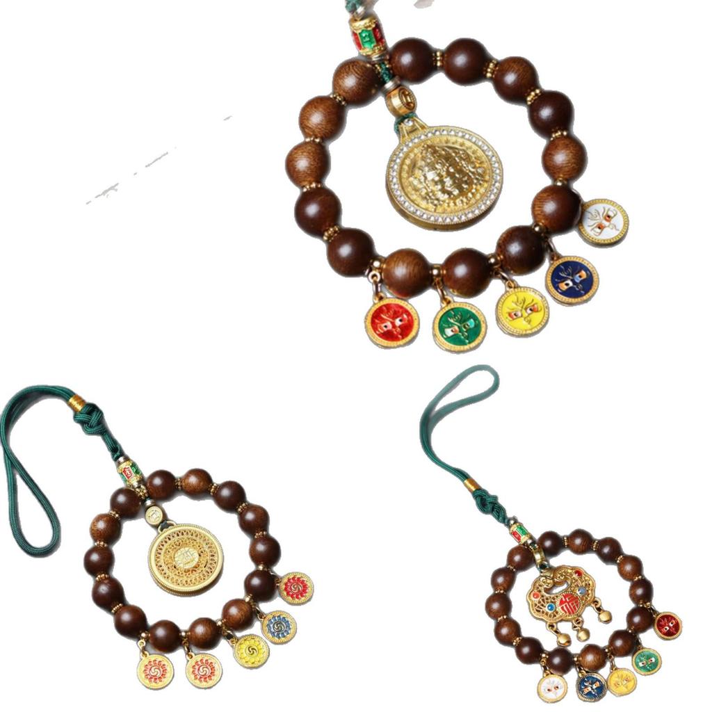 Fuson Red Soil Agarwood Car Pendant with God of Wealth & Peace Lock - Sinking Grade Beads Jewelry