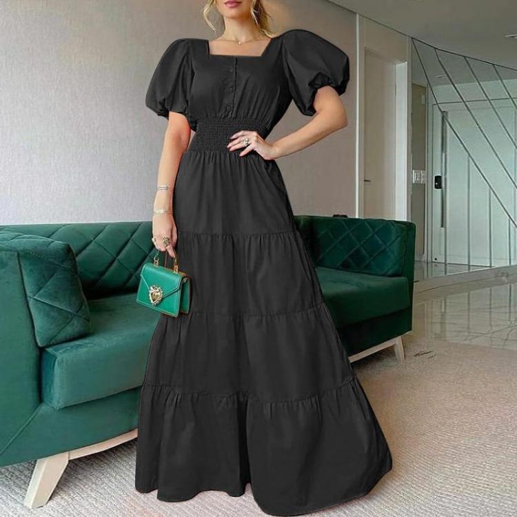 

Women Summer Casual Beach Dress 2026 Puff Sleeve Maxi Sundress Square Neck 4XL чорний