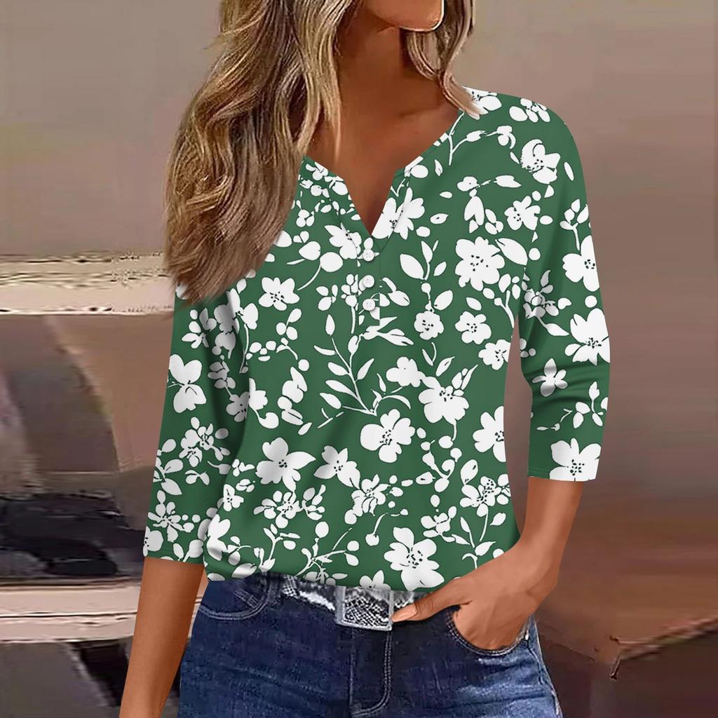 Women's T Shirt Tee Print Button 3/4 Sleeve Daily Weekend Fashion Basic V Neck Regular Top