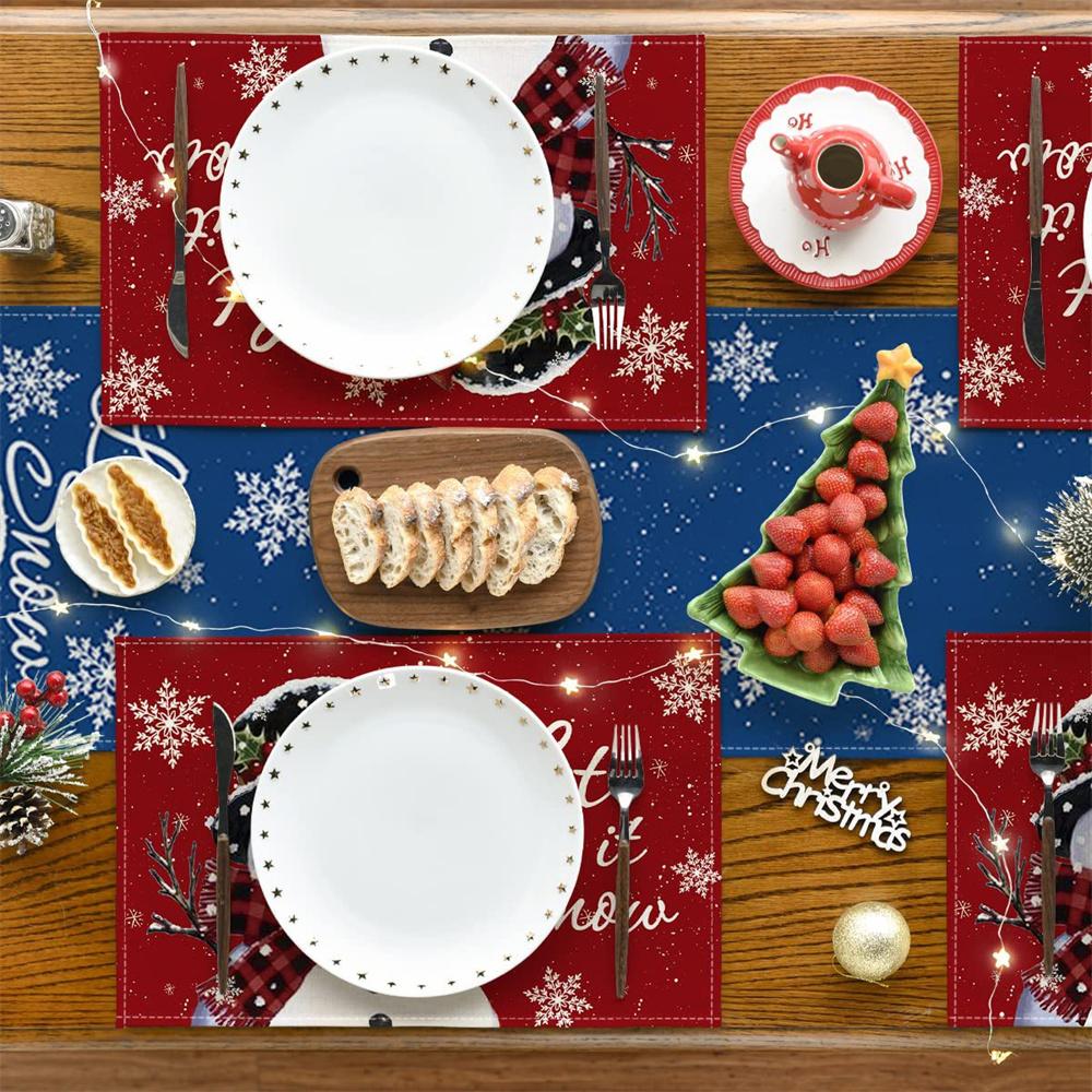 4 Stück Weihnachts-Tischsets 30*45cm Weihnachtsbäume Schneemänner Druck Esszimmer-Tischmatten Weihnachtsfeier Tischuntersetzer Dekoration