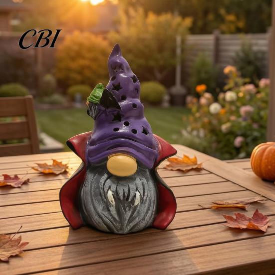 Lighted Halloween Ornaments Vampire Gnome Figurine, Resin Faceless Dwarf Statue with Purple Star Party Supplies Hat And Cape, Spooky Cute Ornament for