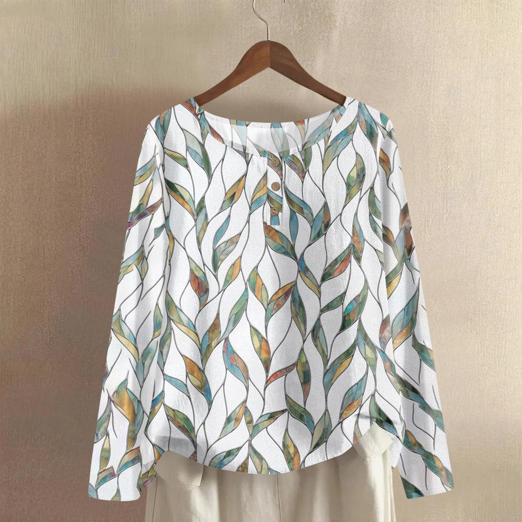 Women's Fashionable And Casual Shirt Long Sleeve Round Neck Solid-color Cotton And Linen Blouse Top