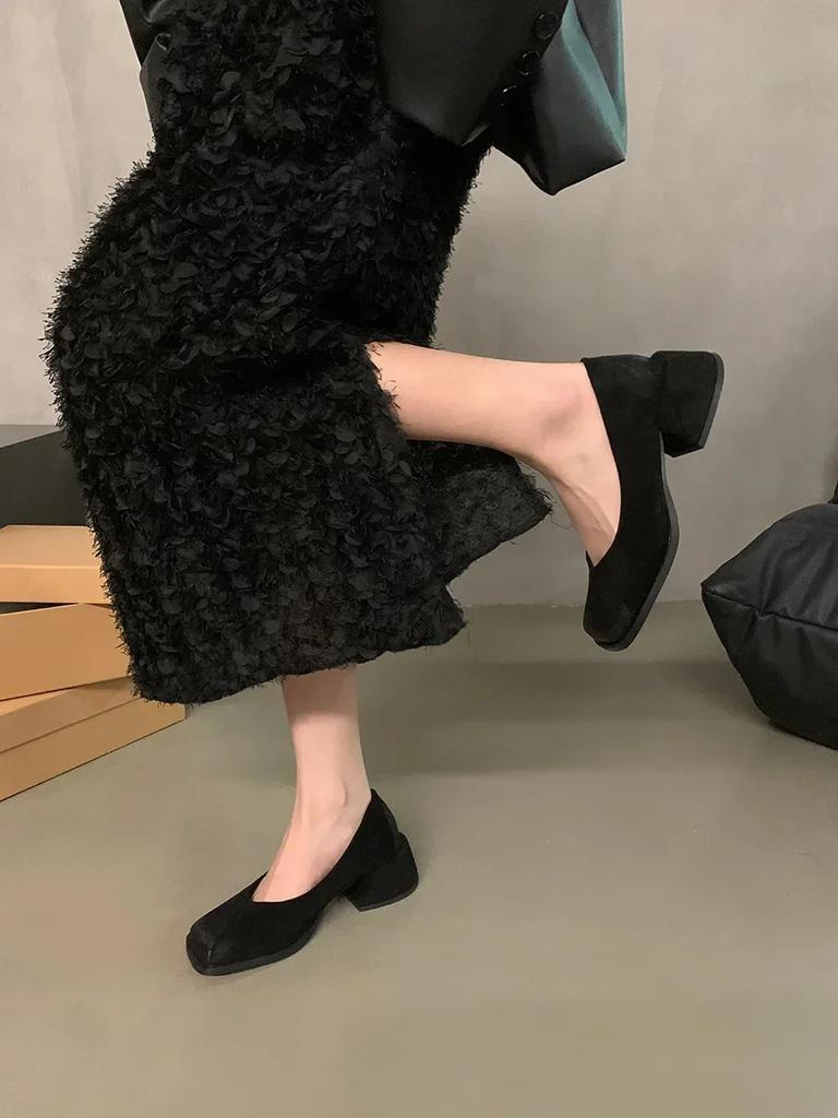 Retro Style Thick Heel Women Square Toe Shoes 2024 Shallow PU Leather Single Shoes Ladies Comfort Office Pumps