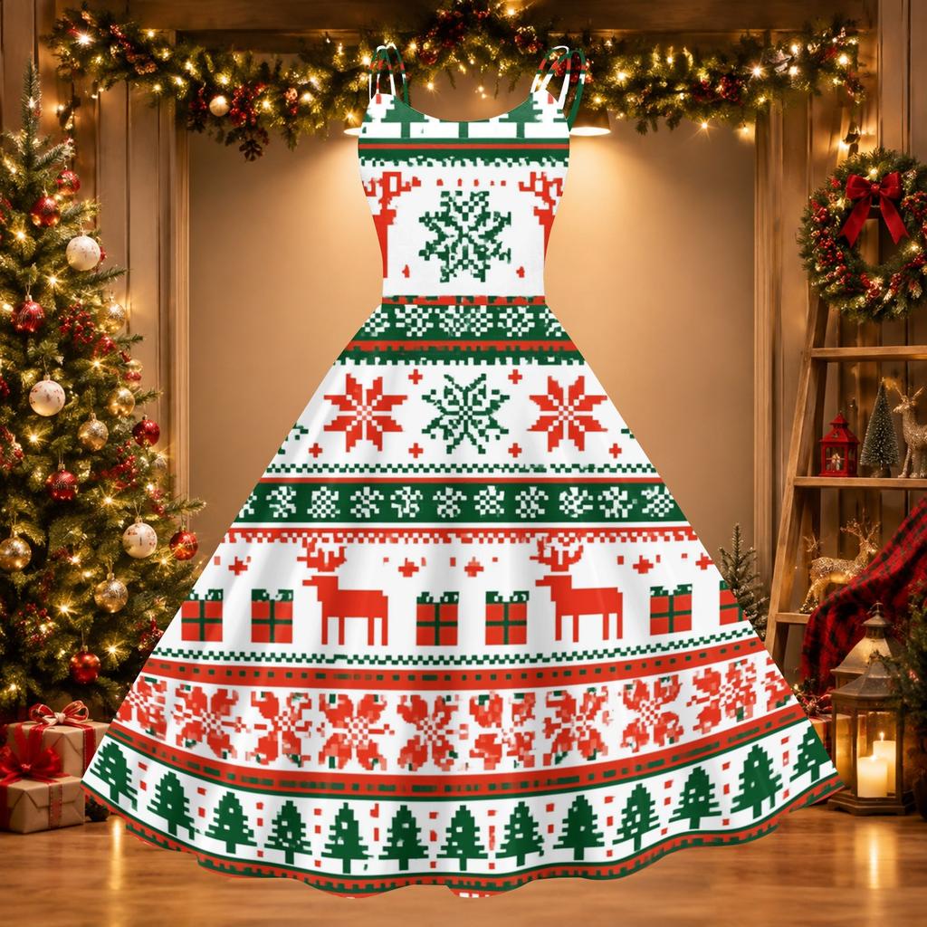 Women's Sexy Off-Shoulder Vintage Christmas Print Dress for Holiday Party