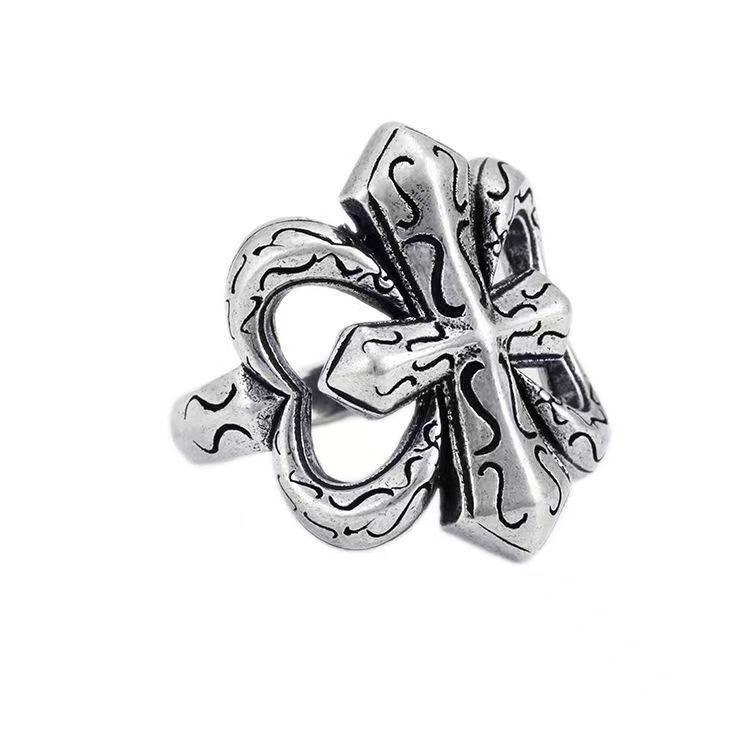 Hip-hop Exaggerated and Domineering Wide Version Military Flower Cross Ring Trendy Men's and Women's Ring