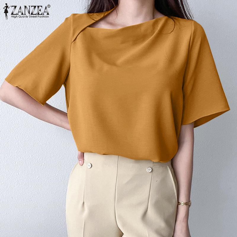 

ZANZEA Женская повседневная свободная летняя блузка с коротким рукавом и топами