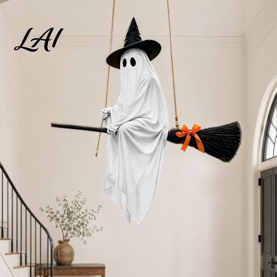 Halloween Tree Hanging Decor Ghost Decoration with Witch Hat and Broom Spooky Flying Cute Broom Ornament for Haunted House Porch Yard Indoor Outdoor