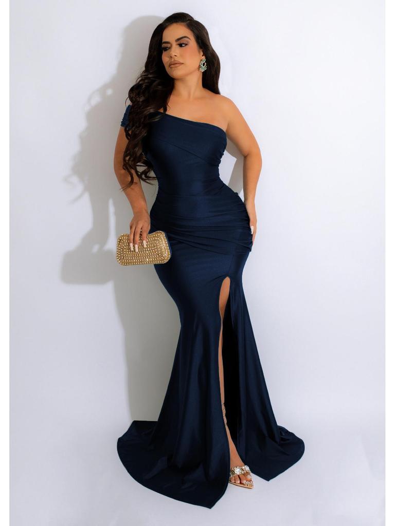 European & American Women's One-Shoulder Slit Evening Gown