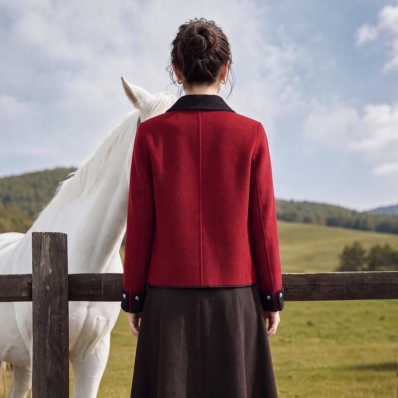Qianbainian Women's Wool-Blend Color-Block Lapel Double-Faced Coat